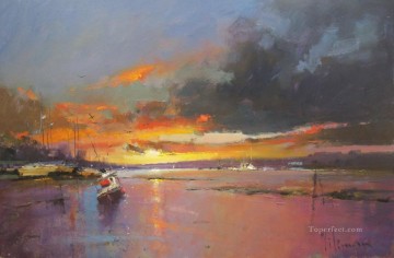 風景 Painting - 河口の抽象的な海の風景に沈む夕日